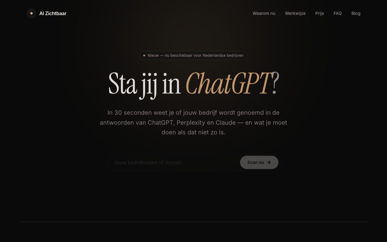 Website van AI Zichtbaar, een tool die meet of bedrijven zichtbaar zijn in ChatGPT